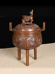 日本铜器双耳兽面纹狮子滚绣球盖钮铜香炉-日本香炉-日本茶道-主营日本