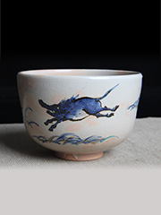 日本茶碗 日本陶制 绘画猛猪纹 老茶碗 带原装桐木供箱