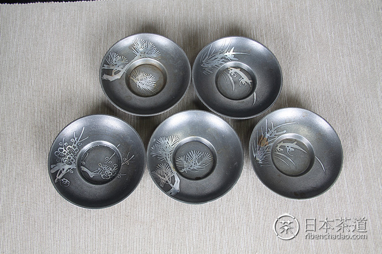 日本杯托上锡半锡底款含银密度高古画风纹锡杯托五客杯托画面有重复特价