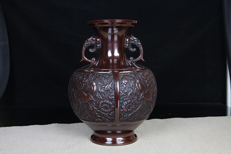 時代物 金工師龍仙作 鋳銅花入 花瓶 花器 梅竹鴛鴦盛上文 高さ約 21.3
