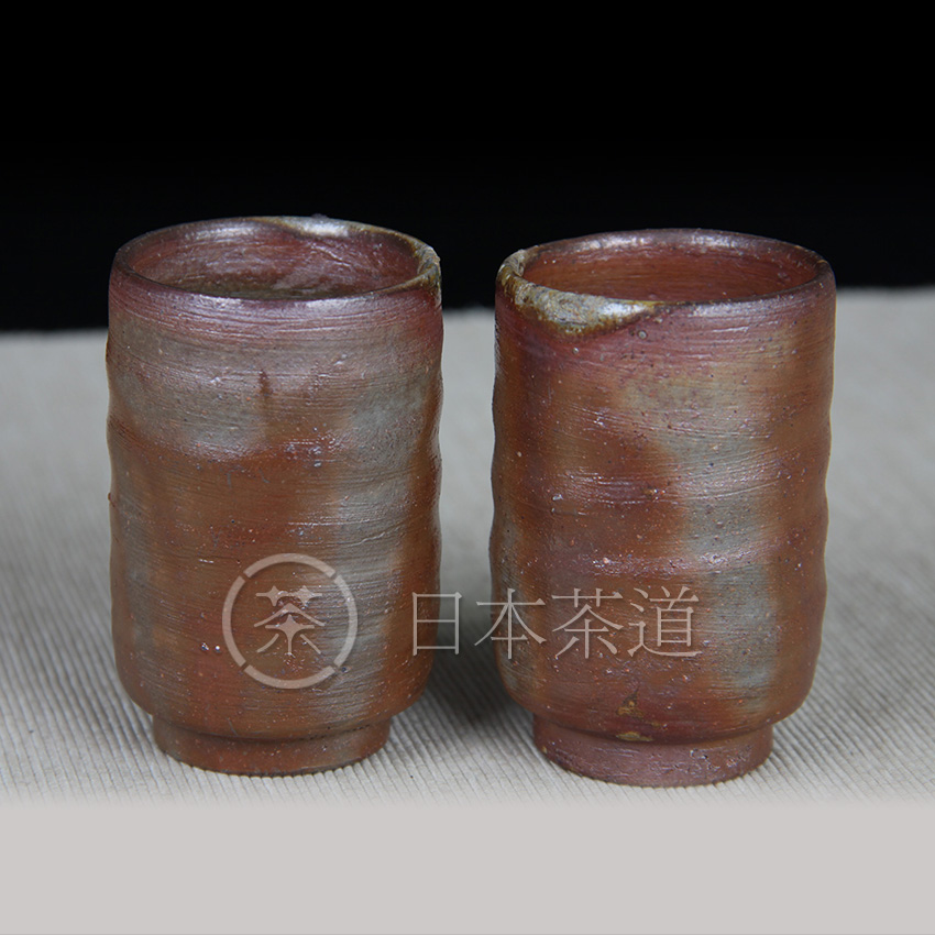 日本备前烧 对杯 螺旋纹 汤谷