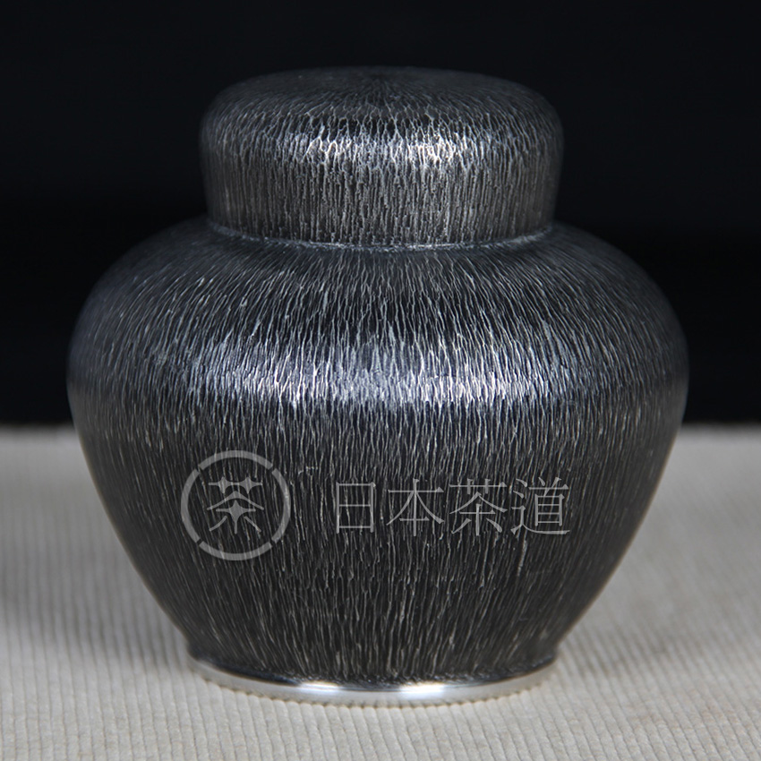 日本锡器 日本锡半造本锡制茶叶罐杯托组 手锤辐射纹