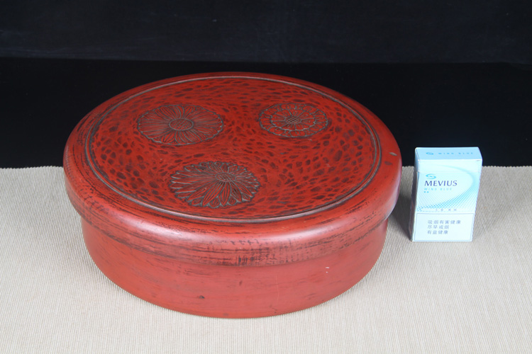 日本漆器日本轮岛涂木胎漆器圆盒盖刻绘向日葵纹饰,外朱红大漆,内涂黑 ...