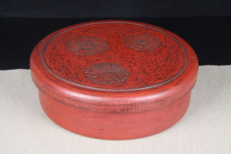 日本漆器日本轮岛涂木胎漆器圆盒盖刻绘向日葵纹饰,外朱红大漆,内涂黑 ...