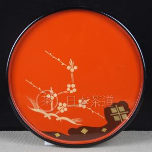 日本漆器日本轮岛涂木胎漆器盘绘制梅花纹，涂金，贴金箔工艺，内朱红大 