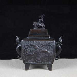 【 双耳四ツ足雷文方形銅香炉 】　薫炉　「漢建寧弐本造」陽刻　　　J0927D 双耳四ツ足雷文方形銅香炉 】 薫炉 「漢建寧弐本造」陽刻 J0927D