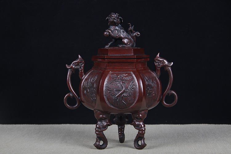 铜器 香炉 三足象耳三面狮头香炉 香道具 工艺品 美术品 摆件