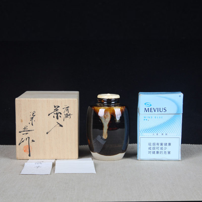 日本茶入 日本京烧黄褐釉直筒型茶入 日本传统京烧茶入茶叶罐，高温烧制，釉水出流动效果