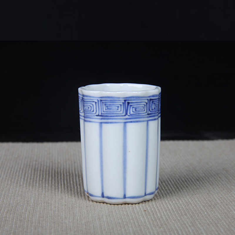 日本品茶杯 日本青花回纹边波浪型直筒闻香杯
