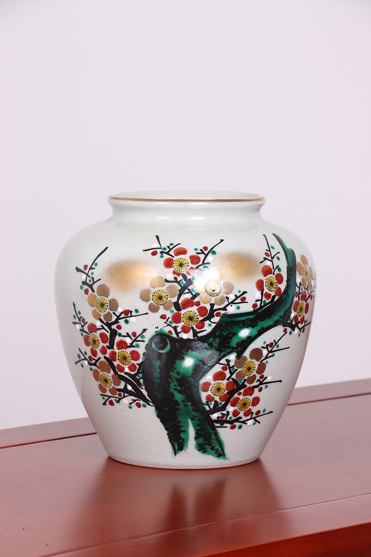 九谷燒九谷洋山造本金彩青粒花紋花瓶 花瓶 花入 壺時代物