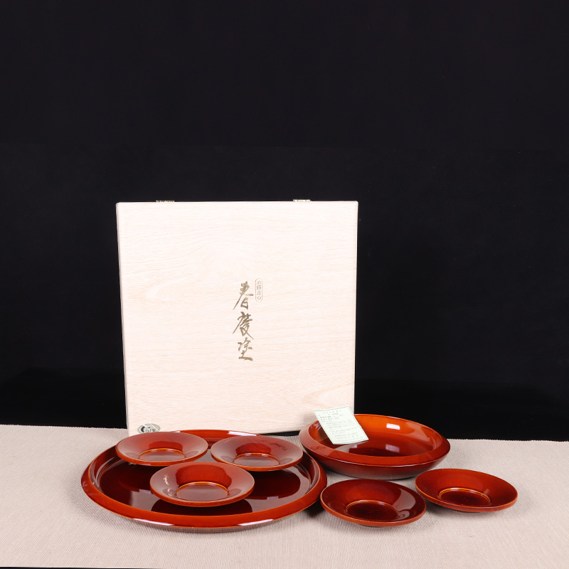 日本漆器 日本轮岛涂木胎漆器杯托、圆盘、果子盆七件套 日本轮岛涂漆器工艺，整木制作，工艺精细