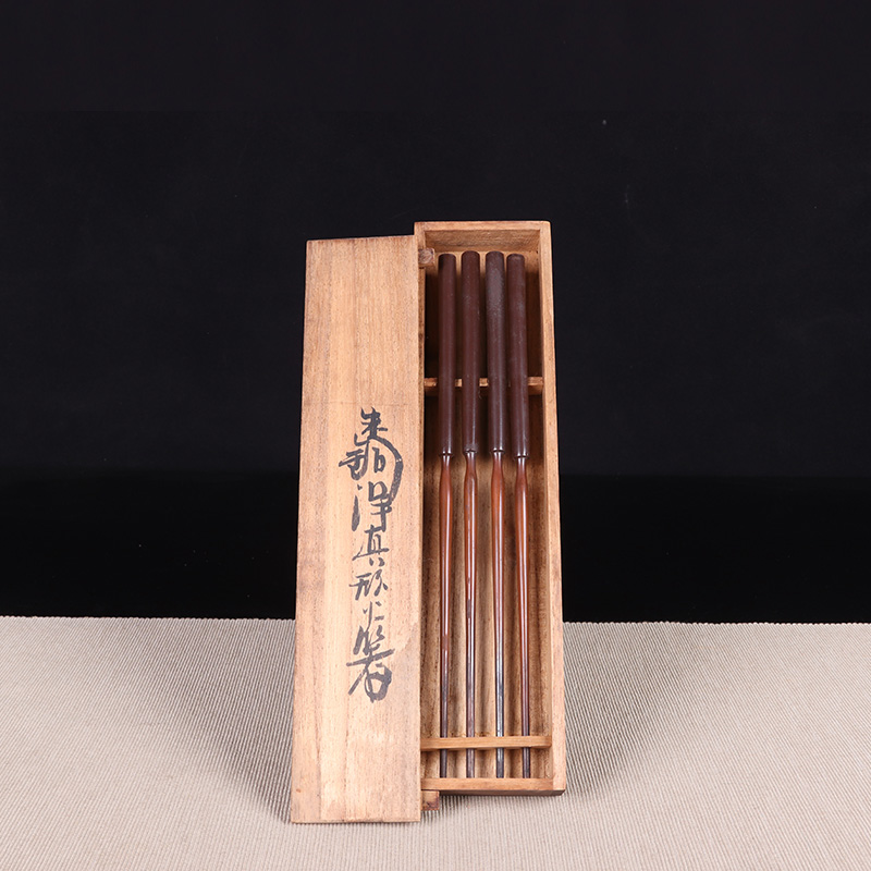 日本茶器 日本朱铜造真形火箸两对，带原装供箱