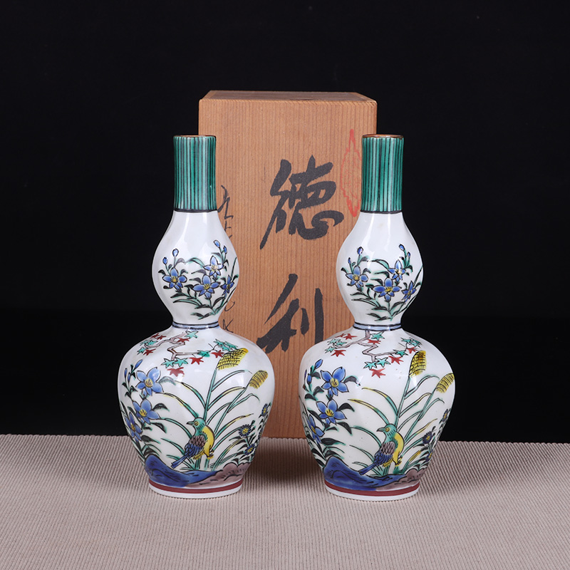 日本酒器 日本九谷烧徳利酒器酒壶 日本九谷烧工艺，绘制花鸟纹，葫芦瓶型，九谷晓堂款，做花瓶十分合适，带原装供箱