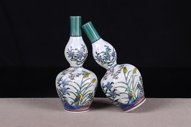 日本酒器日本九谷烧徳利酒器酒壶日本九谷烧工艺，绘制花鸟纹，葫芦瓶型 